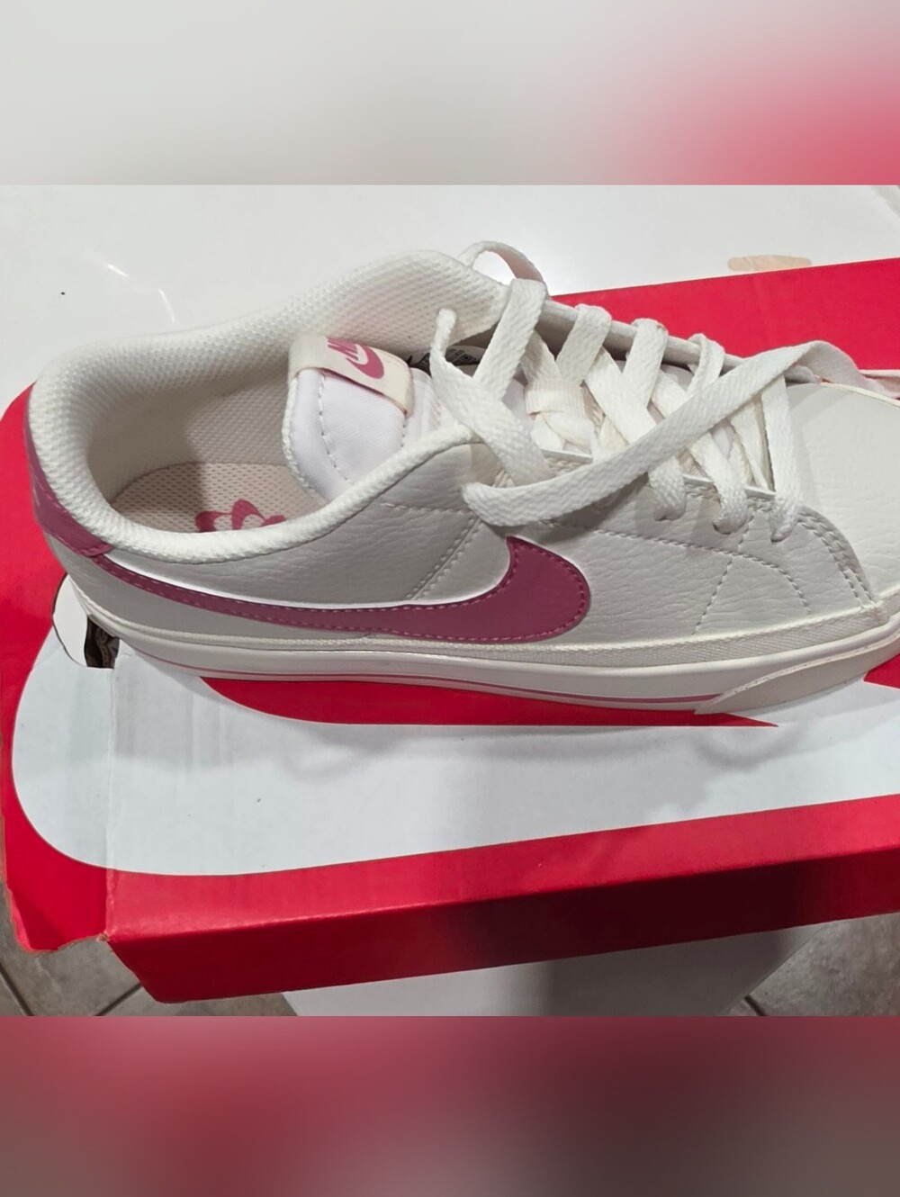 Nike White Court Legacy Sneakers with Pink Swoosh Women's 5.5